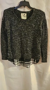 Pieces by Kensie Black Chunky Knit Faux Shirttail Pullover Sweater - Picture 1 of 4