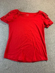 Westport Top Womens L? 34" Waist Red Corset Lace Short Sleeve Blouse Preppy Boho - Picture 1 of 8