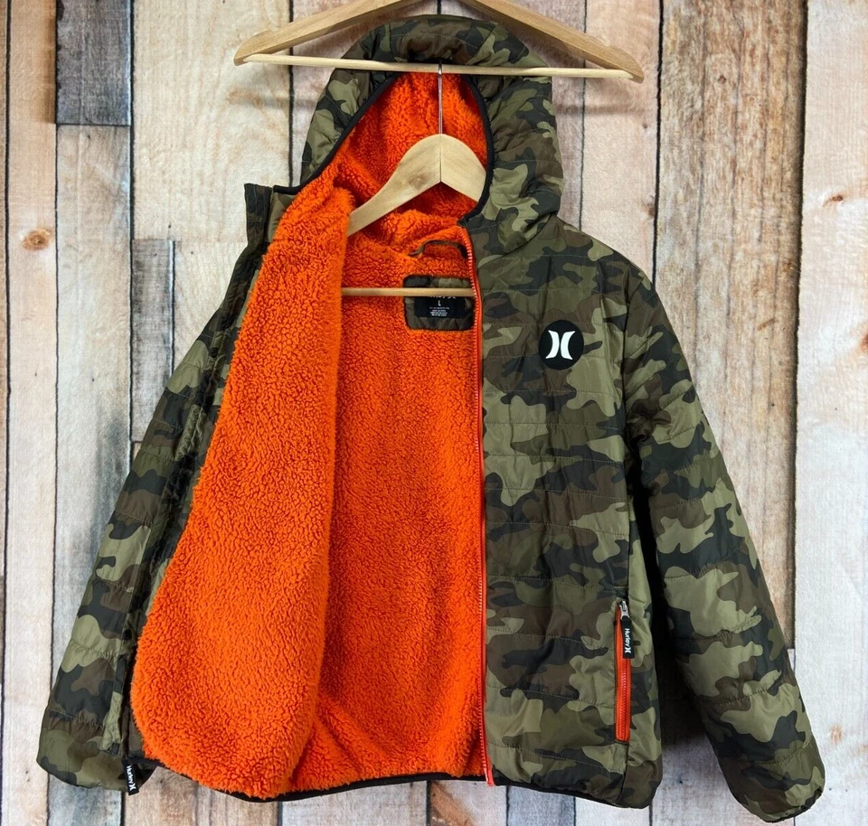 Hurley Quilted Full Zip Hooded Jacket Youth Boy's Large 12-13 Brown Camo Orange - Image 1 of 4