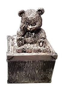 Vintage Silver Plated or Pewter 2.5" Teddy Bear Keepsake Trinket Ring Box - Picture 1 of 12