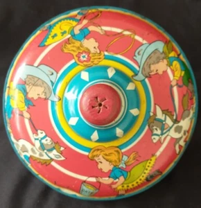 Spinning Top Toy Tin Mid-Century Kid Cowboy Cowgirl Ohio Art Co. Bryan Ohio, USA - Picture 1 of 11