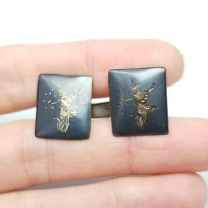 Vintage Sterling Silver Thai Siam Black Enamel Rectangle Cuff Links, Estate - Picture 1 of 8