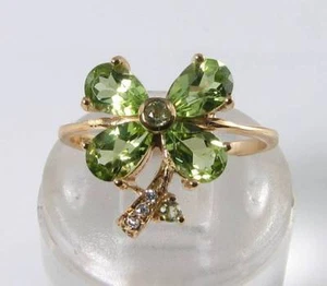 CLASS 9CT 9K GOLD PERIDOT DIAMOND 4 FOUR LEAF CLOVER SHAMROCK ART DECO INS RING - Picture 1 of 5