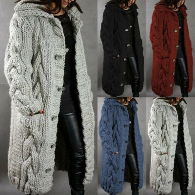 Womens Hooded Chunky Long Knitted Cardigan Winter Coat Oversize Sweater Tops - Image 1 of 4