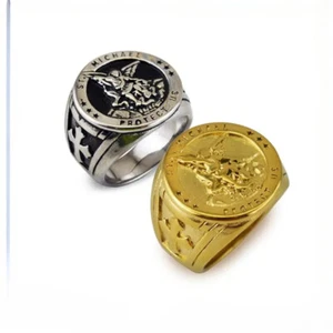 Men's Popular Fashion Saint Michael Stainless Steel Cross Knight Rings Size 7-13 - Picture 1 of 29