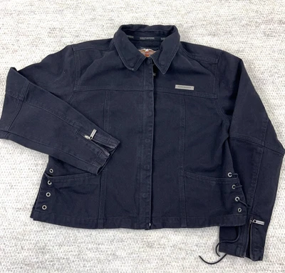 Vintage Harley Davidson Denim Jacket Women XL Black Biker Embroidered Y2K - Image 1 of 4