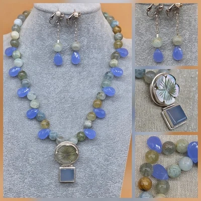 Collar y pendientes de plata de ley 925 con cuentas de piedras preciosas de ágata/cuarzo de colección Foto 1 de 4