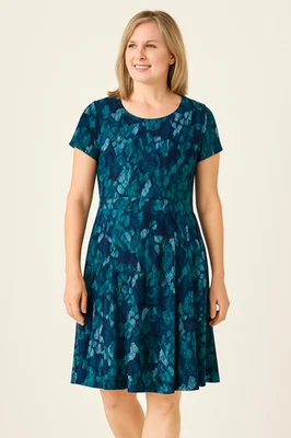 Talbots NWT Teal Blue Leaf Print Fit Flare Dress Size 10 Rayon Lined Midi - Image 1 of 4