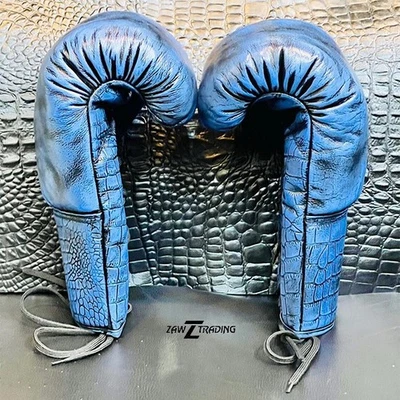 Handcrafted Crocodile Blue texture luxury-Embossed Cowhide Leather boxing gloves - image 1 of 4