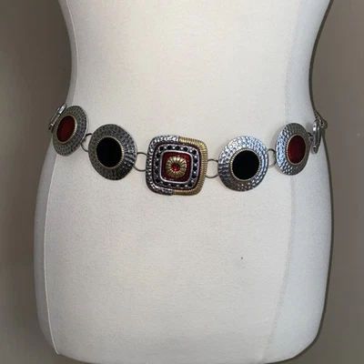 Chicos Martillado Rojo Multicolor Medallón Cadena Eslabón Metal Cinturón Plateado Grande 40” Foto 1 de 4