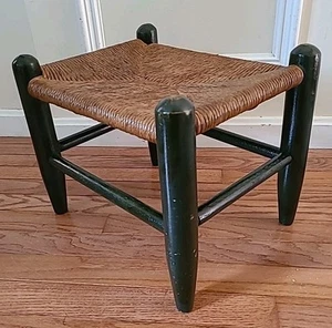 Vintage Woven Rope Rush Twine Wood Foot Stool Rustic Oak Country 14"x14"x10 (e7) - Picture 1 of 20