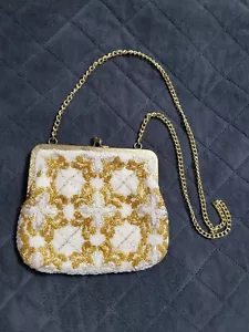 Vintage Mid Century Cream/Gold Beaded Purse Handbag Evening Bag La Regale HOCO - Picture 1 of 5