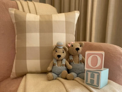 Couch Pillow Cover Beige 16"x16", Sofa Decor Cotton Fabric - Beige Plaid - Image 1 of 4