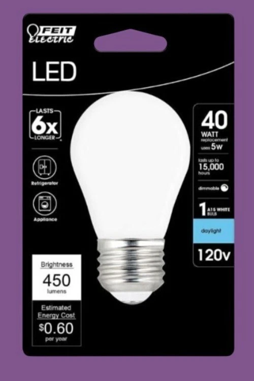 Feit Electric 40W LED A15 Daylight Bulb Dimmable 5000K 450 Lumens 120V Appliance - Image 1 of 4