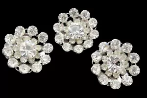 Czech Rhinestone Garment Button 1" Set Of 3 Floral Pattern Silver TONE Shank - Picture 1 of 3