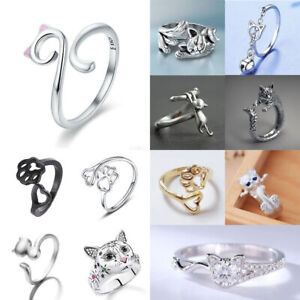 Fashion 925 Silver Party Ring Women Animal Jewelry Cute Cat Ring Gift Adjustable