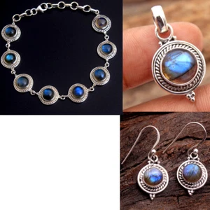 Juego de joyas colgantes de pulsera de labradorita natural plata esterlina 925 - Imagen 1 de 13