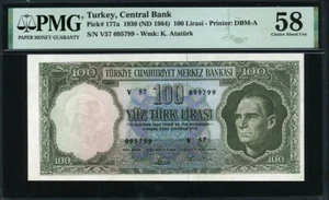 Turkey 1930(1964), 100 Lira, P177a, PMG 58 AUNC - Picture 1 of 2