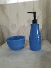BEAUTIFUL COUNTRY RUSTIC BLUE SPECKLED CERAMIC SOAP LOTION DISPENSER & BOWL SET