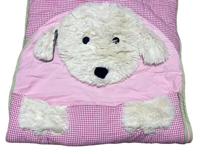 Pottery Barn Kids Sleeping Bag Plush Pink Shaggy Puppy Dog White Gingham - Image 1 of 4