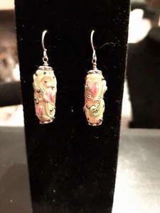 Artisan Sterling Silver Blown Art Blown Glass Gold Floral Earrings - Picture 1 of 4