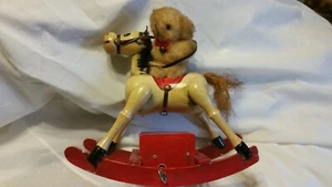 Vintage Enesco 1980 Wooden Rocking Horse with music box and Bear Rider - Picture 1 of 12