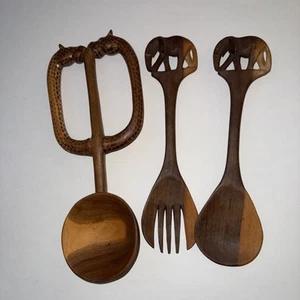 3 VTG Africa Carved Teak Salad Serving Elephant Set & Teak Giraffe Spoon. - Picture 1 of 5