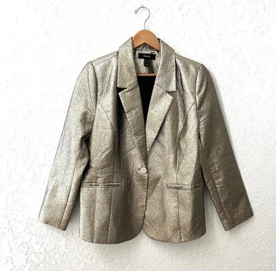 Jaqueta longa Forever 21 tamanho OX dourada brilhante quadrada glamour forrada para festa - Imagem 1 de 4