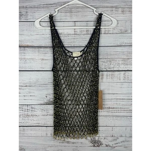 Dreamers Black Gold Beaded Mesh Sleeveless Top Open Knit Boho Whimsygoth NEW M/L - Picture 1 of 8