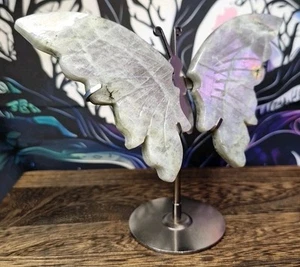 Hand Carved Labradorite Crystal Butterfly Wings On Stand - Purple Flash - Picture 1 of 6
