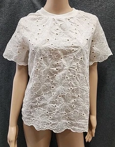 OFF WHITE sz M 12 Womens BROCADE LACE FLORAL TOP SHIRT Openwork Crew Neck #E - Picture 1 of 8