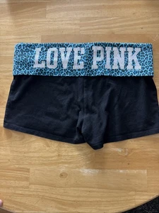 VTG Victoria's Secret PINK Fold Over Black Yoga Shorts Teal Cheetah Leopard XS - Picture 1 of 12