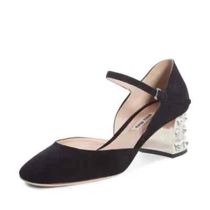 ZAPATOS DE SALÓN MIU MIU ICÓNICOS DE GAMUZA NEGRA TACÓN SWAROVKSI MARY JANE EU 40 9 I LOVE - Imagen 1 de 7