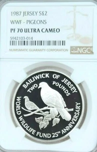 1987 JERSEY SILVER 2 POUNDS WWF PIGEONS NGC PF 70 ULTRA CAMEO PERFECTION POP 1 - Picture 1 of 3