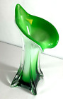VTG Art Glass/Murano Style/ Green White Clear Cased/Jack-in-the Pulpit Vase/EUC