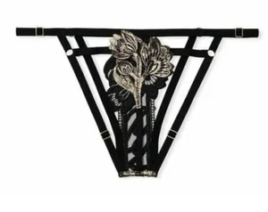 Victoria’s Secret Embroidered String Bikini Panties Black / Gold Sz S Open Back - Picture 1 of 4