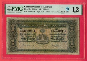 1914 Commonwealth of Australia One Pound P# 4c Black S/N PMG 20 Fine Lt 44 - Picture 1 of 2