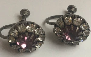 Vintage Silver Tone Earring Flower Shape With Rhinestones Women's Jewelry Signed - Picture 1 of 9