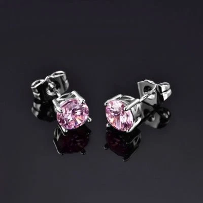 New White Gold Filled 4 Prong Lattice Box Set 7mm Round Pink CZ Stud Earrings - Image 1 of 4