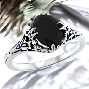 DAINTY VICTORIAN STYLE BLACK AGATE 925 SOLID STERLING SILVER FILIGREE RING #759 - Picture 1 of 3