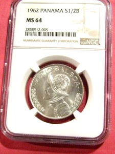 1962 Panama 1/2 Balboa Graded NGC MS 64 Silver Coin - Picture 1 of 4