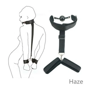 Cuero Bondage Muñeca a Cuello Esposas Puños Boca Mordaza Cuello Correas de retención - Imagen 1 de 5