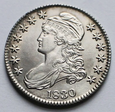 1830 Capped Bust Silver Half 1/2 Dollar Small 0 - AU, cleaned 50C - Image 1 of 4