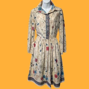 VTG 70s L hippie prairie dress earthy paisley floral sheer disco collar midi 2F - Picture 1 of 15
