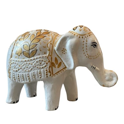  Carved Resin Elephant Figurine Hand Painted White & Gold Floral  - Image 1 of 4
