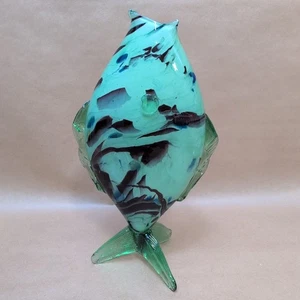 Vintage Romanian Green Glass Hand Blown Stand Up Fish Sculpture Figurine 11" O - Picture 1 of 11