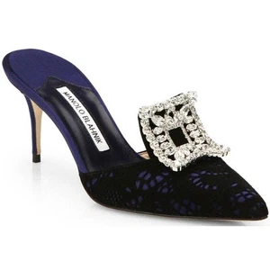 Manolo Blahnik Borli Mules Joya Encaje Cristal Negro Azul Tacones Punta Talla 37/7 - Imagen 1 de 12
