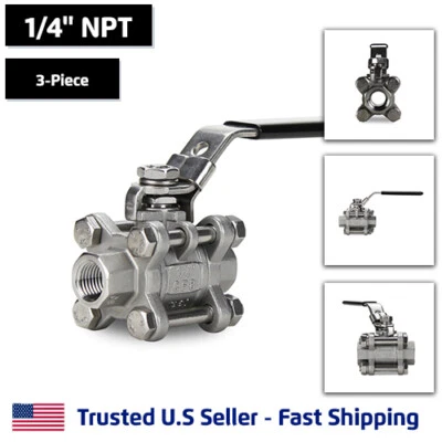 1/4" 3-Piece Full Port Ball Valve, Stainless Steel, FNPT Threaded SS, 1000 WOG - Image 1 of 4