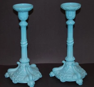 Antique Portieux French Blue Milk Glass Pillar Serpent & Koi Fish Candlesticks - Picture 1 of 9