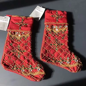 x2 Kim Seybert RED Beaded Christmas Stocking Set Jewels Gold Green Santa Sock - Picture 1 of 12